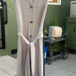 Magaschoni Beige Sleeveless Ribbed Knit Jumpsuit with Waist Tie